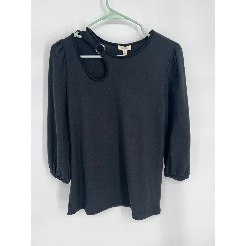 Como Blu Womens Black Cutout Ring Neckline Puff 3/4 Sleeve Ribbed Knit Top M - Picture 1 of 10